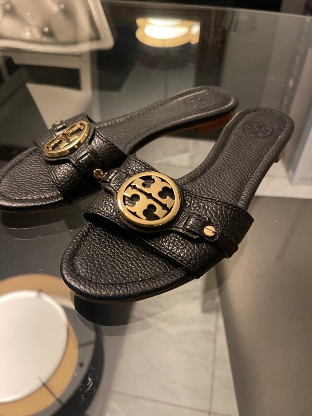 Tory Burch Romy Metal-Logo Slide Sandals Black Sz 7 $250 Retail